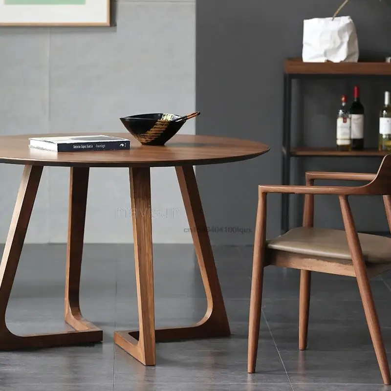 Минималистичная комбинация маса за хранене и столове и интериор в японски стил, малка кръгла маса от масивно дърво, съвременни мебели за всекидневна1