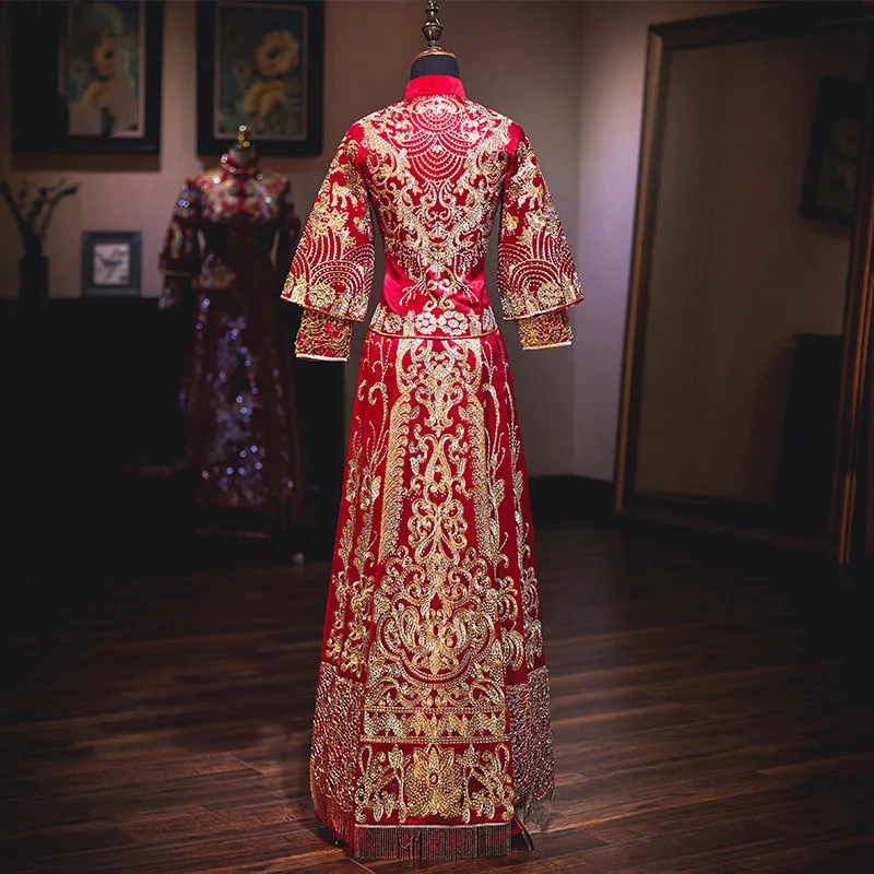 Ancient Chinese Wedding Dress Golden Red Embroidery Banquet High-quaity Classic Рокли Китай Qipao за ориенталски костюм2
