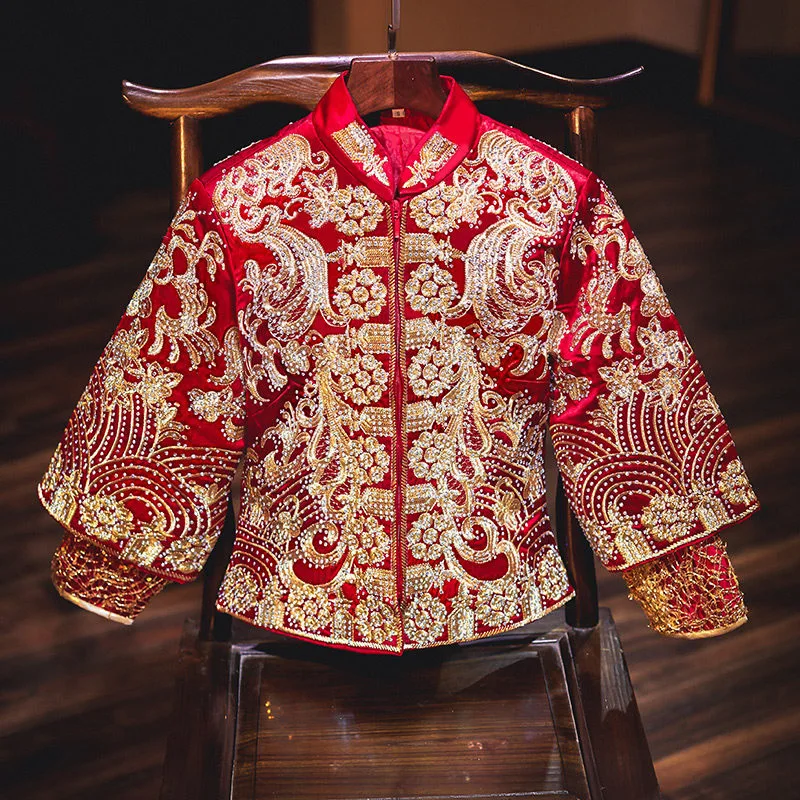 Ancient Chinese Wedding Dress Golden Red Embroidery Banquet High-quaity Classic Рокли Китай Qipao за ориенталски костюм3