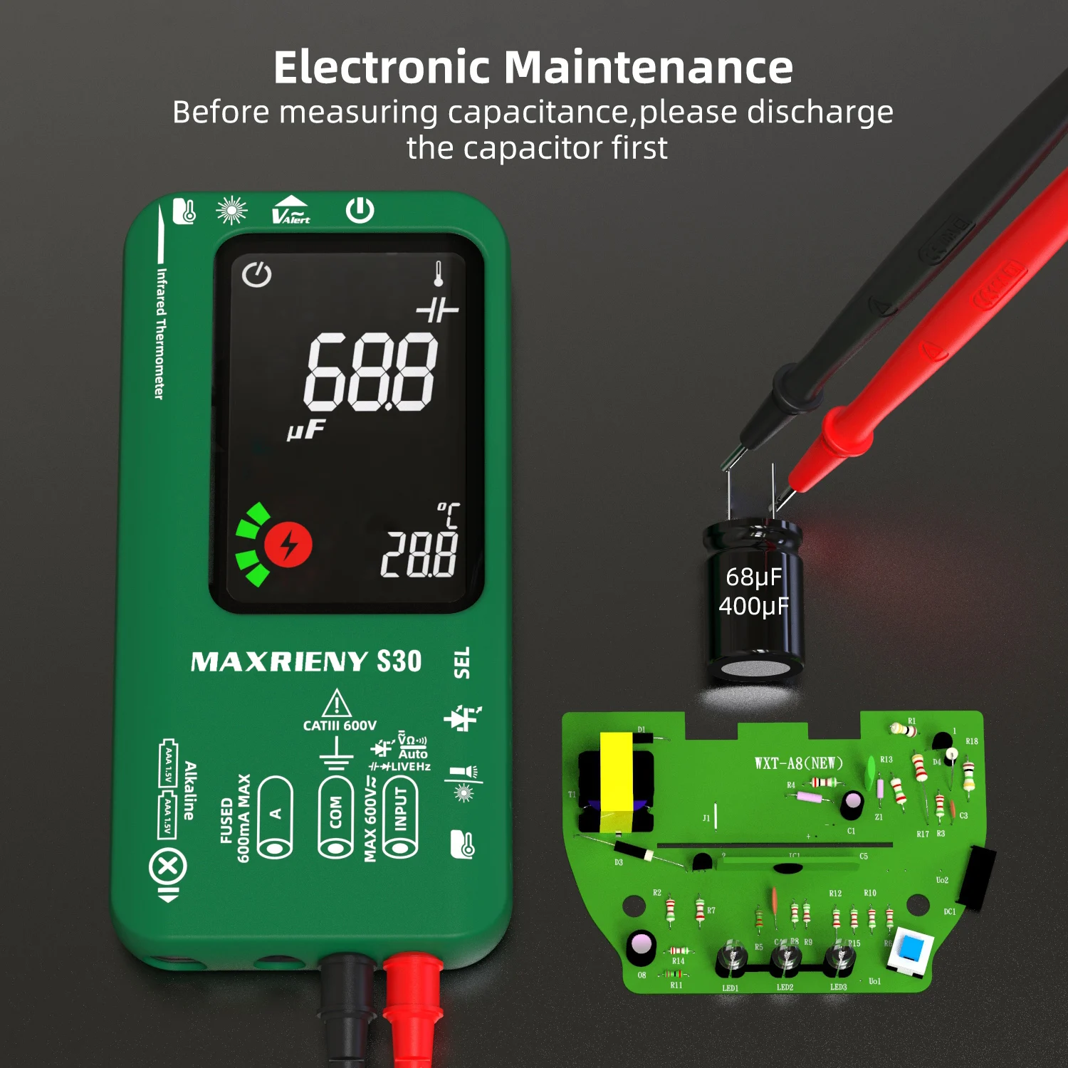 MAXRIENY Цифров мултицет 9999 броя инфрачервен термометър Акумулаторна батерия AC DC напрежение ток Капацитет Диод Ти тестер3