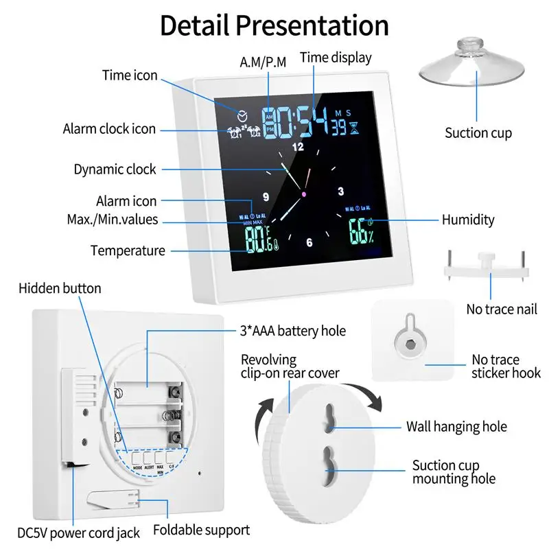 Вътрешен двойна аларма с таймер, водоустойчив настолни нощни електронни цифрови часовници, температурен влагомер, термометър, стенни часовници за дома3