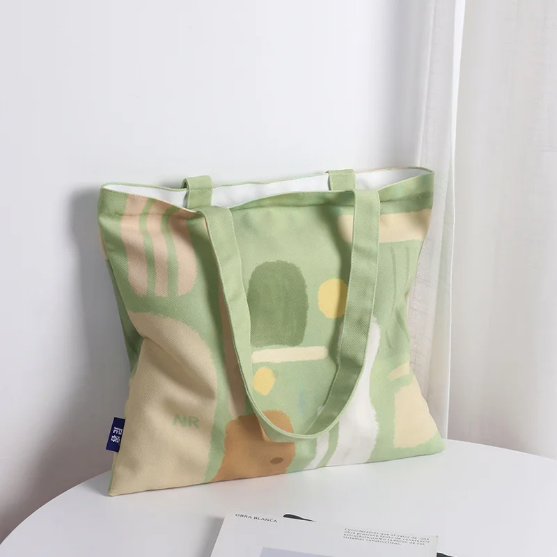 Студентски холщовая чанта за жени, по-голямата голям зелена чанта за маслената живопис, малка дамска чанта, мека плажна чанта с принтом с цип3