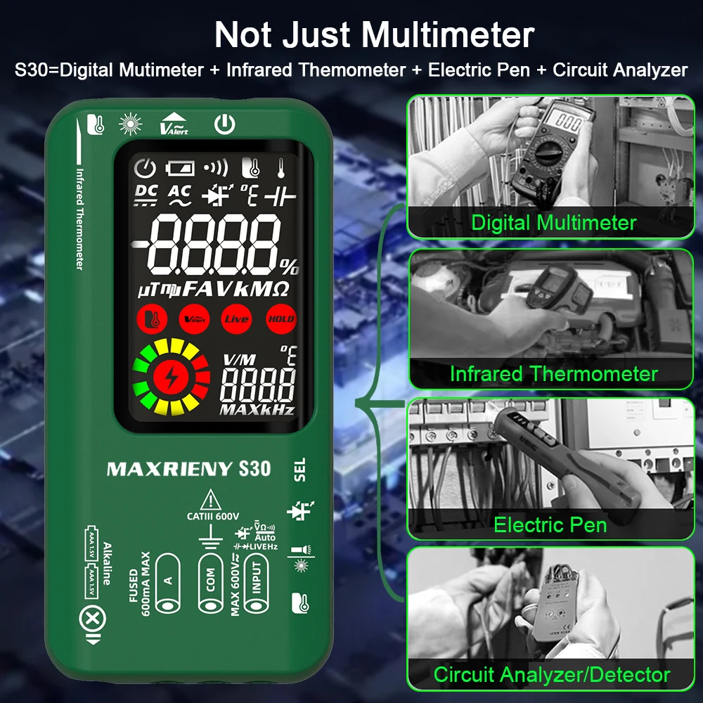 MAXRIENY Цифров мултицет 9999 броя инфрачервен термометър Акумулаторна батерия AC DC напрежение ток Капацитет Диод Ти тестер4