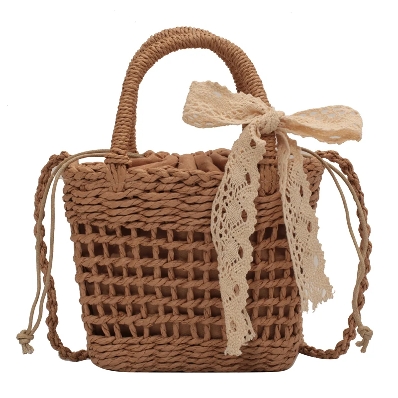 Годишната френска слама тканая чанта Дамска чанта за плаж, почивка с лък, преносима малка чанта през рамо, националната4