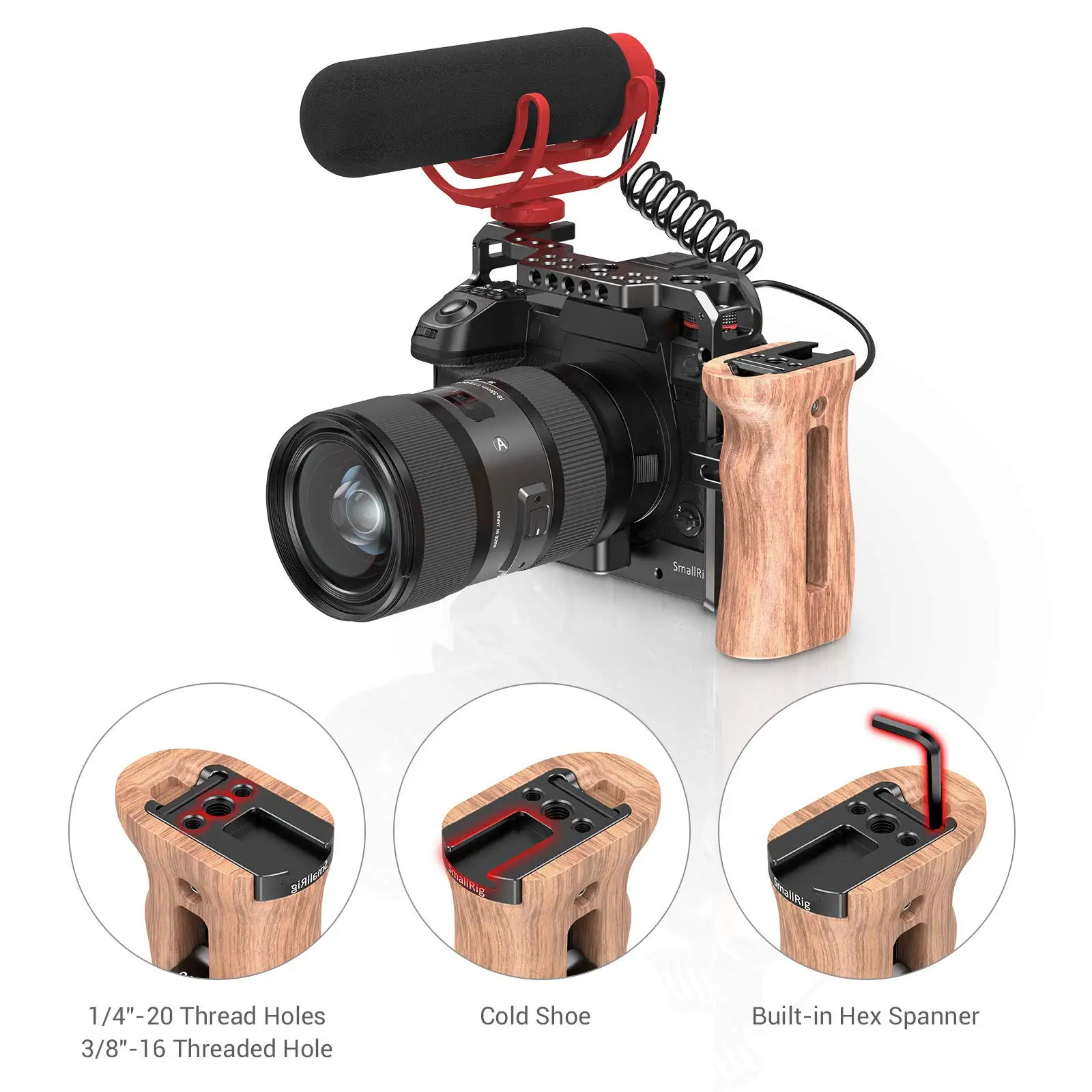 Регулируема Дървена Дръжка за Огледално-рефлексен фотоапарат SmallRig Универсална Странична дръжка с прикрепен за студено башмака за микрофон и флаш 2093C4